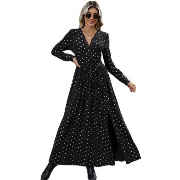 Women's Bow Long Sleeve V Neck Maxi Dress with Ruched Lace Detail and Slit for Elegant Occasion and Comfortable Wear