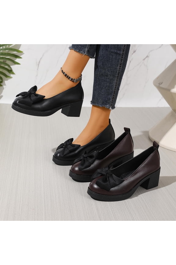 Women's Bow Mary Jane Chunky Heel Pumps, Solid Color Comfortable Work Shoes, Slip-On Fashion High Heel Shoes for Office & Daily Wear