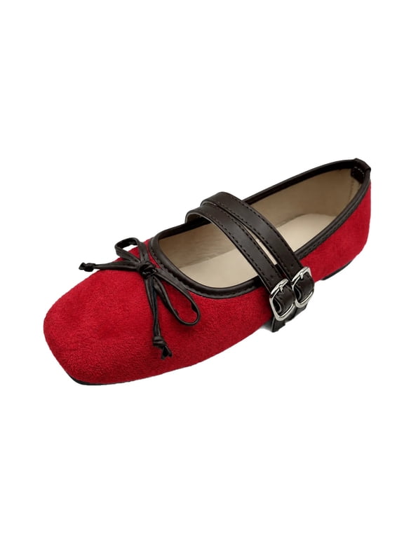 Women's Bow Mary Jane Flats Double Buckle Strap Flat Shoes Casual Dress Shoes for Work Party Everyday