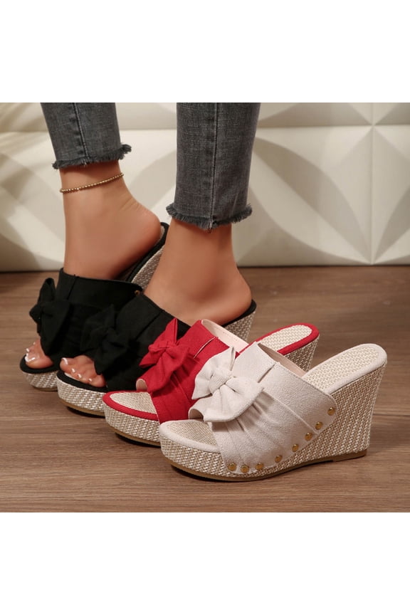 Women's Bow Open Toe Wedge Heeled Mules, Plus Size Comfortable Straw Wedge Heel Shoes for Spring Summer Wear