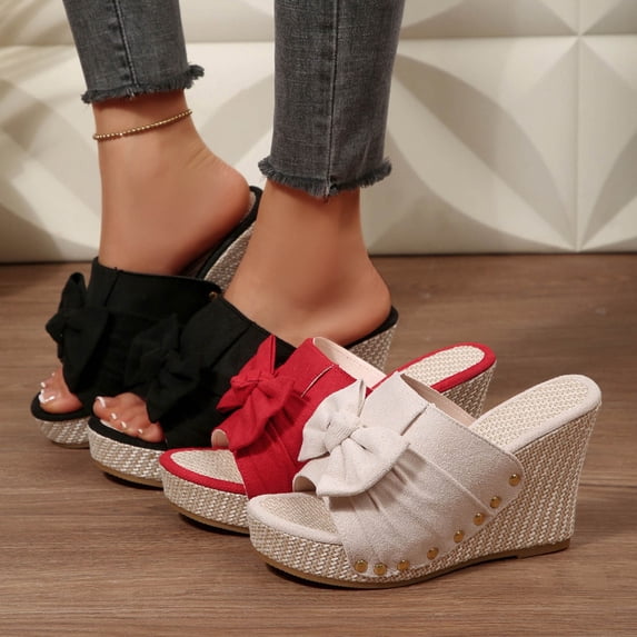 Women's Bow Open Toe Wedge Heeled Mules, Plus Size Comfortable Straw Wedge Heel Shoes for Spring Summer Wear