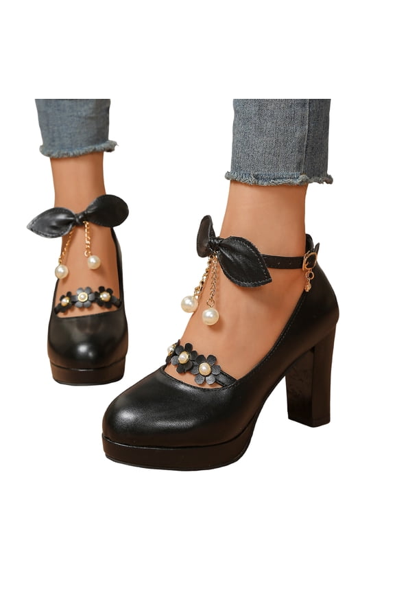 Women's Bow Pearl Chunky High Heel Pumps Platform Round Toe Heeled Sandals Ankle Strap Elegant Dress Mary Jane Shoes Black Size 6