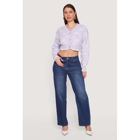 Women's Bow Print Cropped Button Front Cardigan