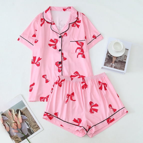 Women‘s Bow Print Loungewear Set | Satin Collared Top & Shorts Pajama Set | Short Sleeve Sleepwear for Home & Casual Outings(Pink,XL)