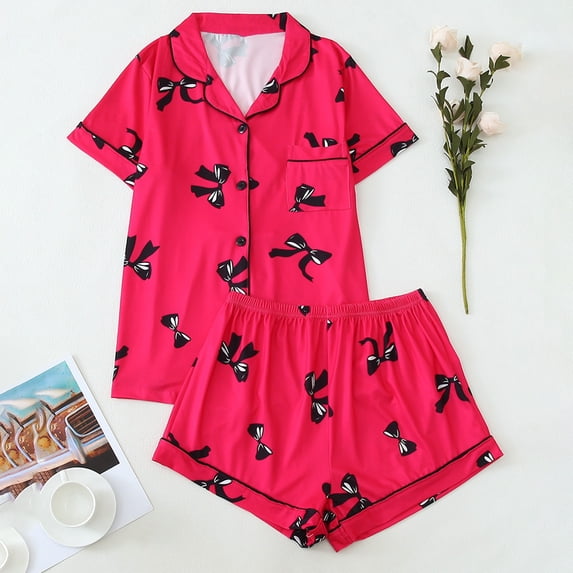 Women‘s Bow Print Loungewear Set | Satin Collared Top & Shorts Pajama Set | Short Sleeve Sleepwear for Home & Casual Outings(Red,S)