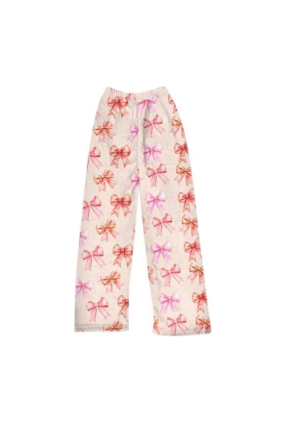 Women's Bow Print Plush Pajama Pants - Soft Comfortable Winter Home Sleepwear Trousers, Orange Size XL
