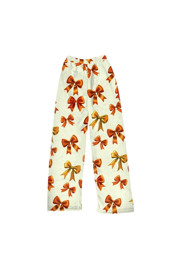 Women's Bow Print Plush Pajama Pants - Soft Comfortable Winter Home Sleepwear Trousers, Yellow Size XS