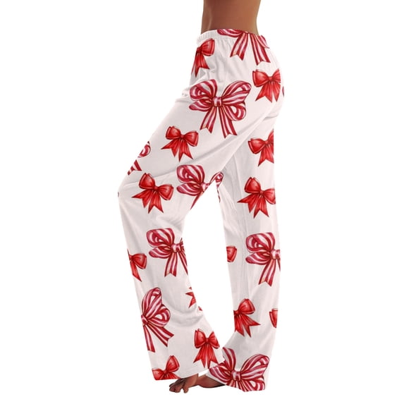 Women's Bow Print Wide Leg Pajama Pants, Elastic High Waist Loose Sleep Pants Casual Loungewear Trousers, L