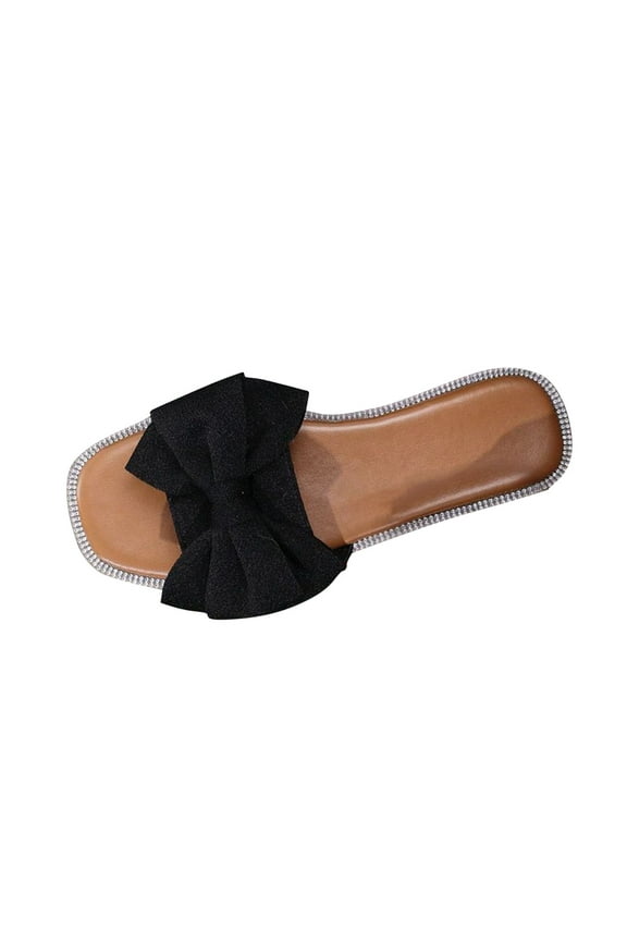 Women's Bow Sandals Sparkly Square Head Flat Sandals Open Toe Slip On Slide Vacation Outer Wear SandalsSandals Black Women Sandal