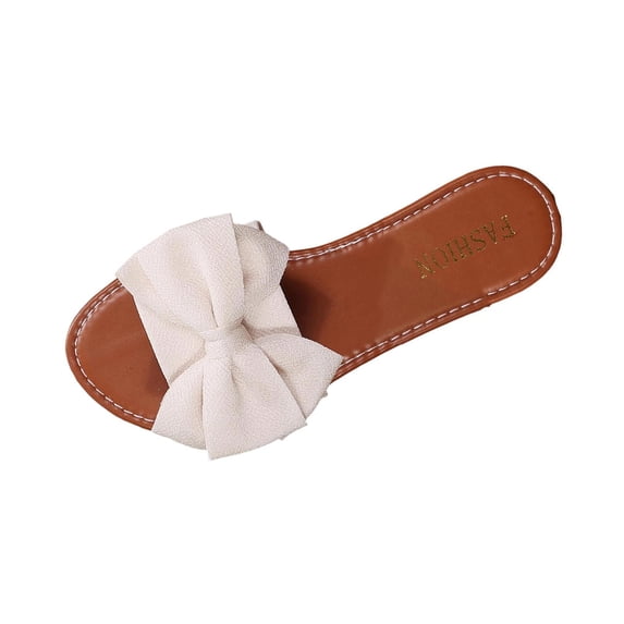 Women's Bow Sandals Trendy Casual Round Toe Flat Sandals Open Toe Slip on Slide Vacation Sandals Beige 5.5(36)