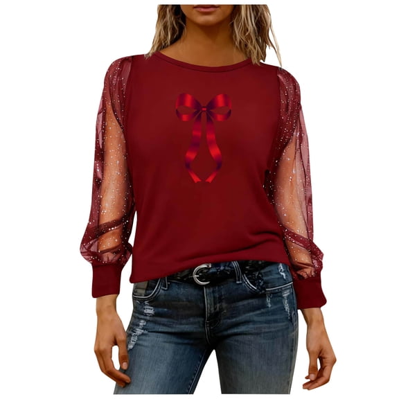Women's Bow Shirts Sheer Mesh Glitter Long Sleeve Valentines Day Tops Sequin Loose Tunic Y2k Blouses, 2XL Red
