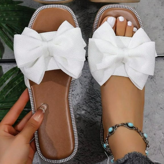 Women's Bow Slippers Summer New Style Flat Square Head Sandals Fashion Casual Solid Color Slippers Bowknot Cloth Outer Wear Sandals