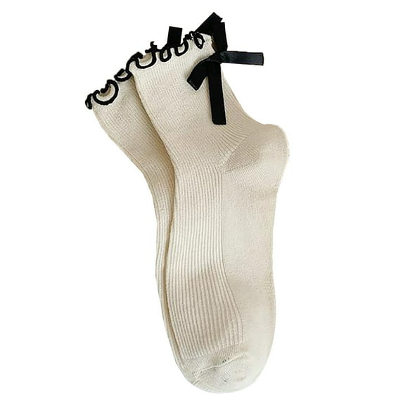 Women's Bow Socks with Frilly Trim, Cute Casual Crew Socks in Black and White, Soft Breathable Cotton Ankle Socks for Daily Wear, Comfortable Ruffle Socks with Non-Slip Grip - Dark Gray