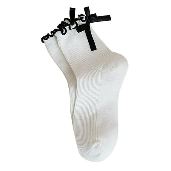 Women's Bow Socks with Frilly Trim, Cute Casual Crew Socks in Black and White, Soft Breathable Cotton Ankle Socks for Daily Wear, Comfortable Ruffle Socks with Non-Slip Grip - White