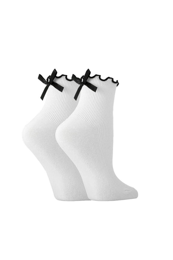 Women's Bow Socks with Frilly Trim, Cute Casual Crew Socks in Black and White, Soft Breathable Cotton Ankle Socks for Daily Wear, Comfortable Ruffle Socks with Non-Slip Grip - White