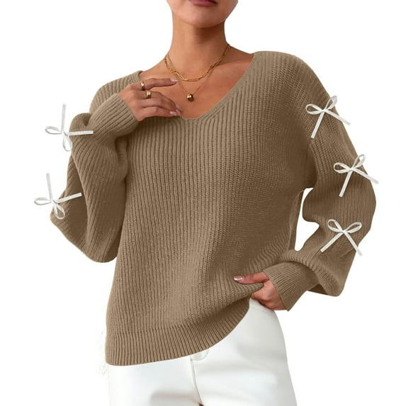 Women's Bow Sweaters V Neck Long Sleeve Pullover Oversized Tops Khaki M
