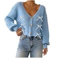 thumbnail image 1 of Women's Bow Tie Cardigan V Neck Long Sleeve Crop Knit Sweater Loose Ribbed Pullover Top Sky Blue XL, 1 of 7