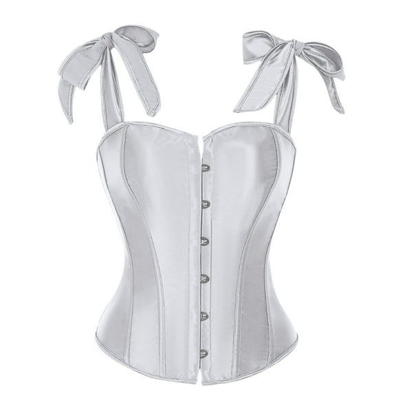 Women's Bow Tie Corset Tops Renaissance Boned Lace Up Satin Bustier Shapewear White XL