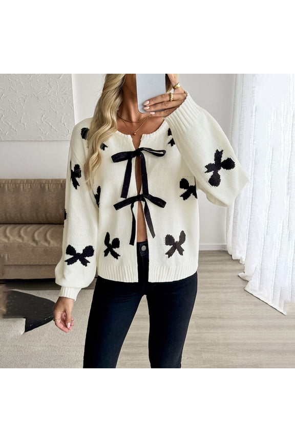 Women's Bow Tie Front Cardigan, Long Sleeve Knit Sweater, Cute Bow Detail Open Front Sweater, Sweetheart Neck Cardigan, Everyday Casual Cardigan, Fall Winter Sweater Beige S