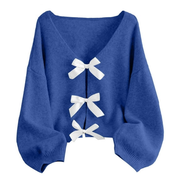 Women's Bow Tie Front Cardigan Sweater Long Sleeve Knit Sweaters Top Color: Blue Size: L