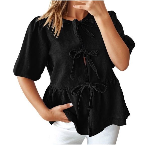 Women's Bow Tie Front Denim Shirt Puff Short Sleeve Crewneck Ruffle Hem Peplum Blouse Cute Y2K Jean Shirts