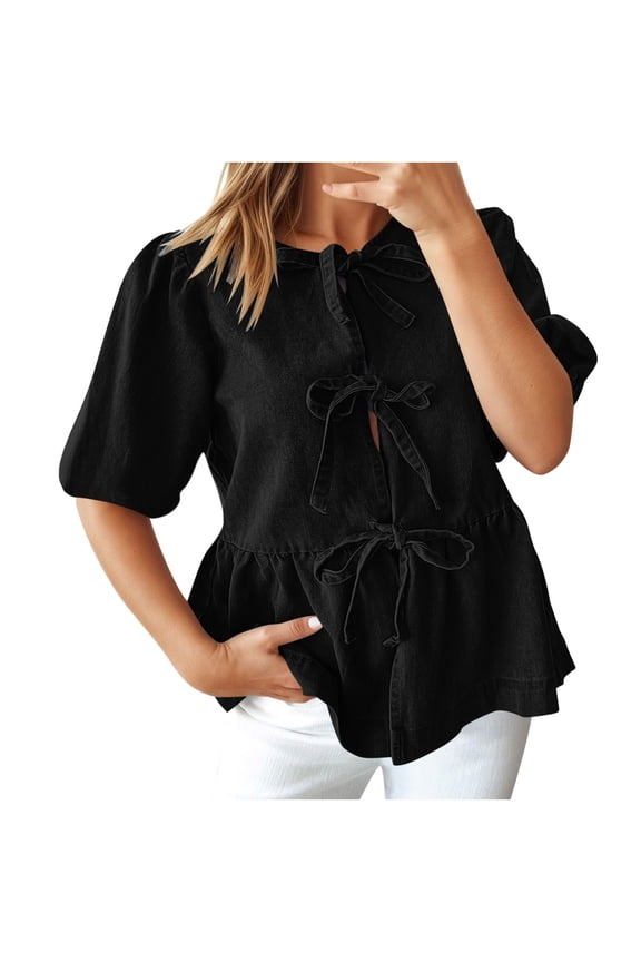 Women's Bow Tie Front Denim Shirt Puff Short Sleeve Crewneck Ruffle Hem Peplum Blouse Cute Y2K Jean Shirts