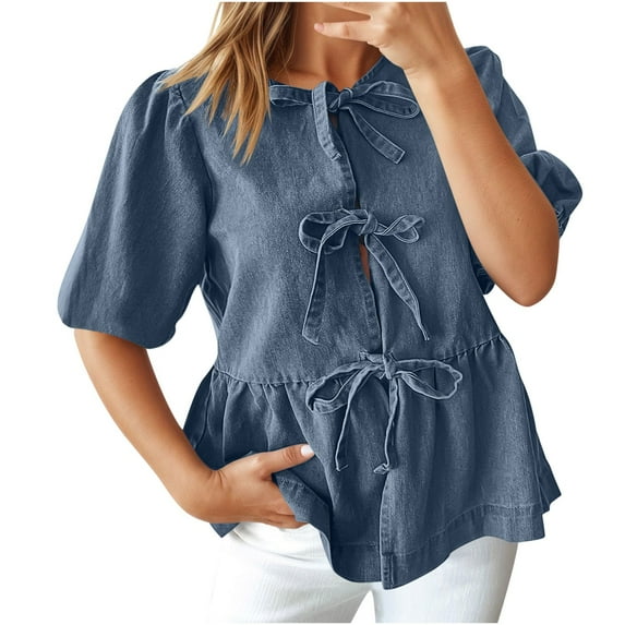 Women's Bow Tie Front Denim Shirt Puff Short Sleeve Crewneck Ruffle Hem Peplum Blouse Cute Y2K Jean Shirts