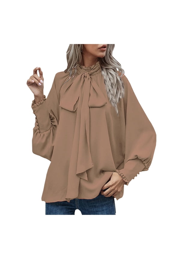 Women's Bow Tie Front Smocked Long Sleeve Elegant Business Blouse Solid Color Loose Fit Elegant Office Shirts
