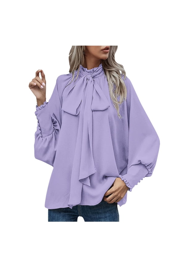 Women's Bow Tie Front Smocked Long Sleeve Elegant Business Blouse Solid Color Loose Fit Elegant Office Shirts