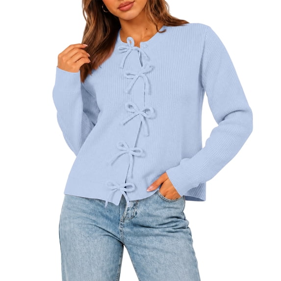 Women's Bow Tie Front Sweater Long Sleeve Crew Neck Knit Pullover Cardigan, M