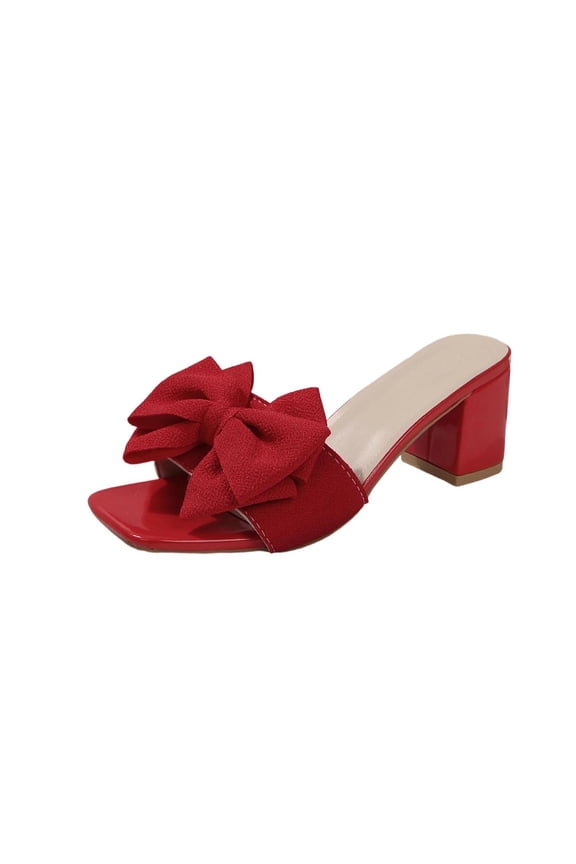 Women's Bow Tie Heeled Sandals Block Chunky Heeled Satin Slip on Mules Comfortable Wedding Bride Dressy Shoes Red 5.5(36)
