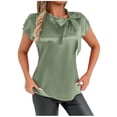 thumbnail image 1 of Women's Bow Tie Neck Blouse Batwing Sleeve Short Sleeve Top High Neck Loose Fit Solid Color Romantic Casual Blouse, 1 of 6