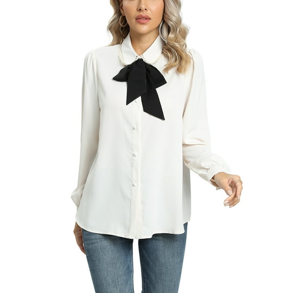 Women's Bow Tie Neck Blouses Long Sleeve Peter Pan Collar Blouse Flounce Kawaii Girls School Uniform Shirt Lady Bowknot Office Lady Button-Down Shirts,Beige S-2XL
