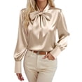 thumbnail image 1 of Women's Bow Tie Neck Long Sleeve Buttton Satin Elegant Blouse Elegant Silk Dressy Casual Business Work Tops Khaki XXL, 1 of 4