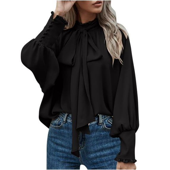 Women's Bow Tie Neck Shirt Casual Mock Neck Solid Color Tops Tee Long Lantern Sleeve Chiffon Elegant Blouse
