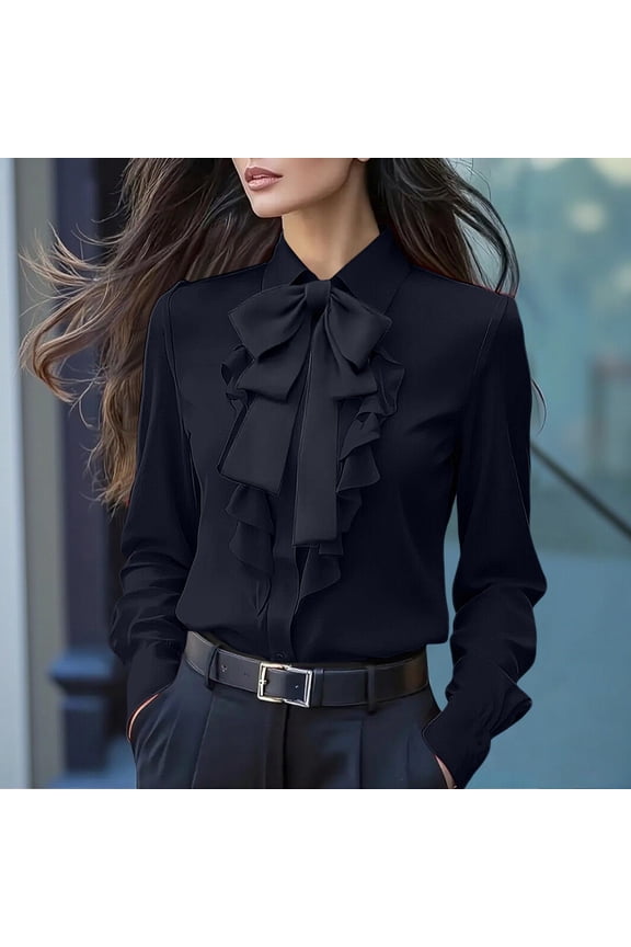 Women's Bow Tie Overlay Blouse, Front Ruffle Placket Button Down Shirt, 2025 Fall Solid Color Top, Elegant Long Sleeve Office Wear, Soft Polyester Blend Black L