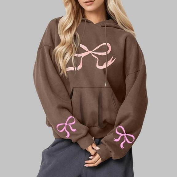 Byworldtasic Womens Sweatshirts Women's Bow Tie Printed Hooded Sweatshirt Fashionable Loose Casual Long Sleeved Pocket Tops