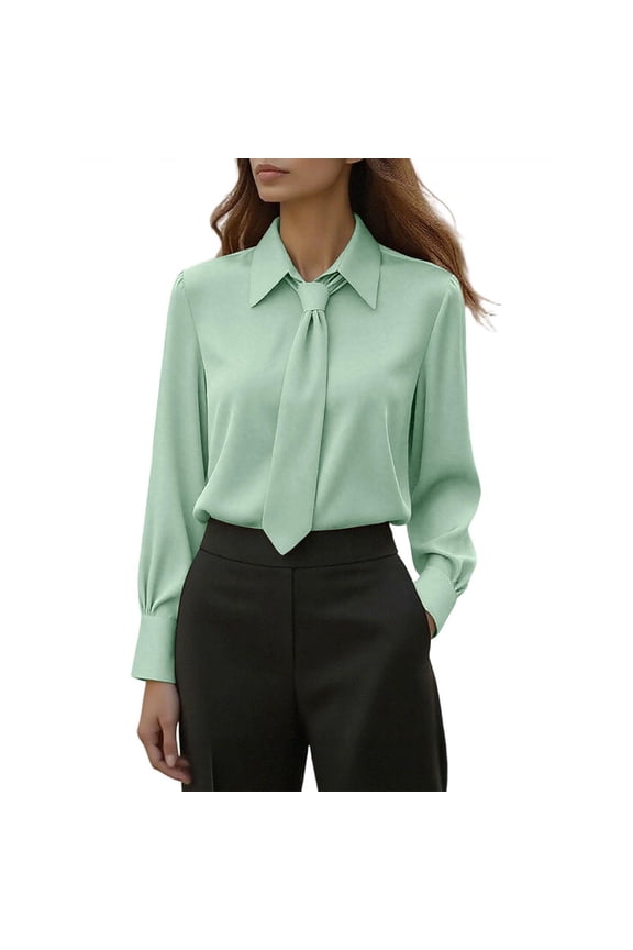 Women's Bow Tie Shirts Front Smocked Long Sleeve Blouse Fashion Elegant Office Tops