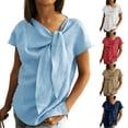 thumbnail image 1 of Women's Bow Tie V Neck Short Sleeve Blouse Casual Linen Tunic Tops Summer Outfit Loose Fit Flowy Work Office Streetwear Vacation Red S, 1 of 4