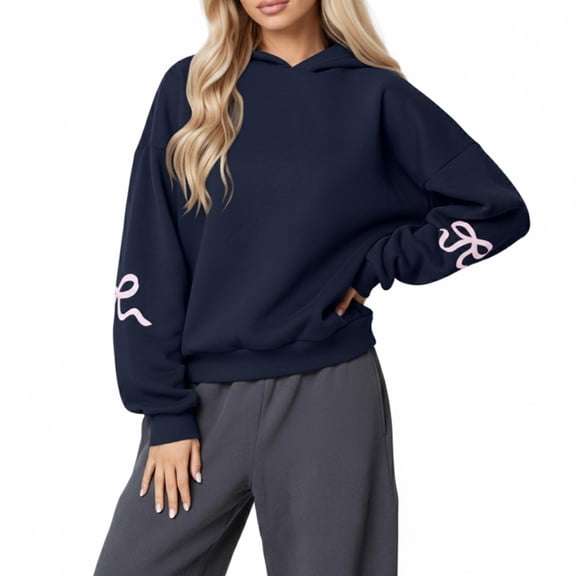 Women's Bow Trim Print Hoodies Oversized Long Sleeve Hooded Sweatshirts Graphic Drop Shoulder Pullover Top Y2k Loose Fit Blue S