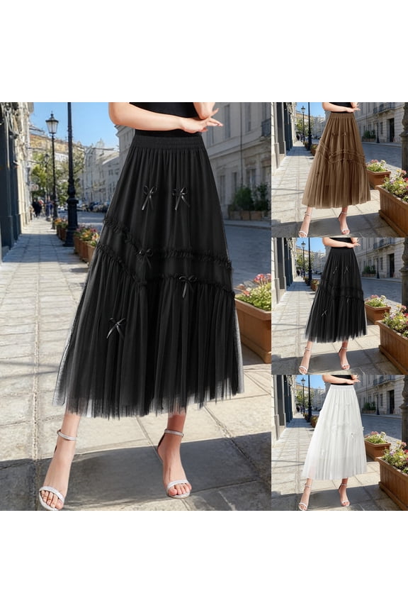 Women's Bow Tulle Long Skirt Flattering Pleated Skirt Black L