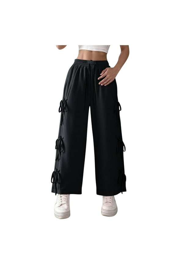 Women's Bow Wide Leg Sweatpants Elastic Waist Casual Baggy Pants with Pocket Streetwear Going Out Clothes