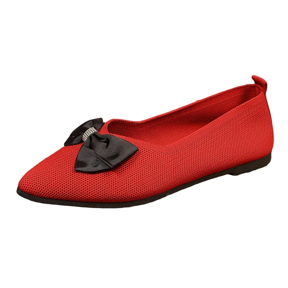 Women's Bowknot Ballet Flats Pointed Toe Casual Flat Shoes Breathable Dressy Work Shoes Lightweight Knit Slip On Loafers Red Size 6.5