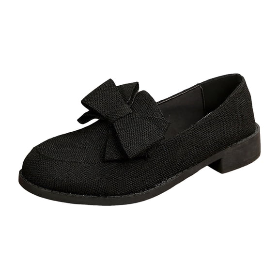 Women's Bowknot Dress Ballet Flats Shoes Low Chunky Heel Round Toe Slip On Comfortable Canvas Work Loafers Black Size 6.5