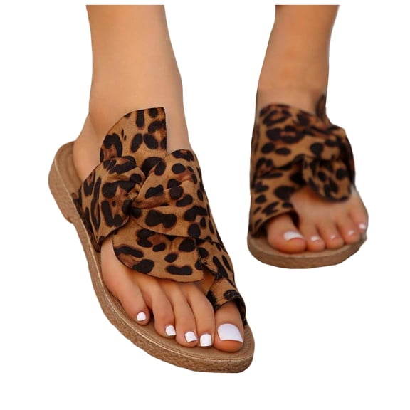 Women's Bowknot Flip Flops Beach Casual Leopard Bow Flats Slides Sandals Summer Fashion Dress Slippers