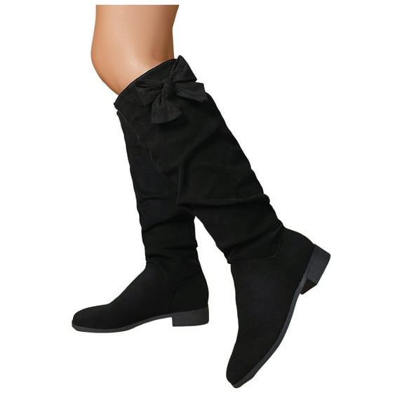 Women's Bowknot Knee High Boots Slouch Suede Bow Low Heels Winter Fall Knee Length Long Tall Boots