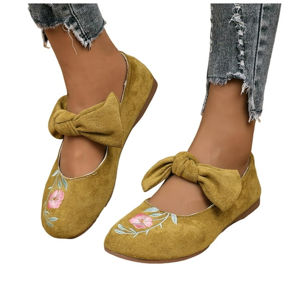 Women's Bowknot Mary Jane Ballet Flats Vintage Flower Embroidered Beach Casual Bow Low Heel Walking Shoes