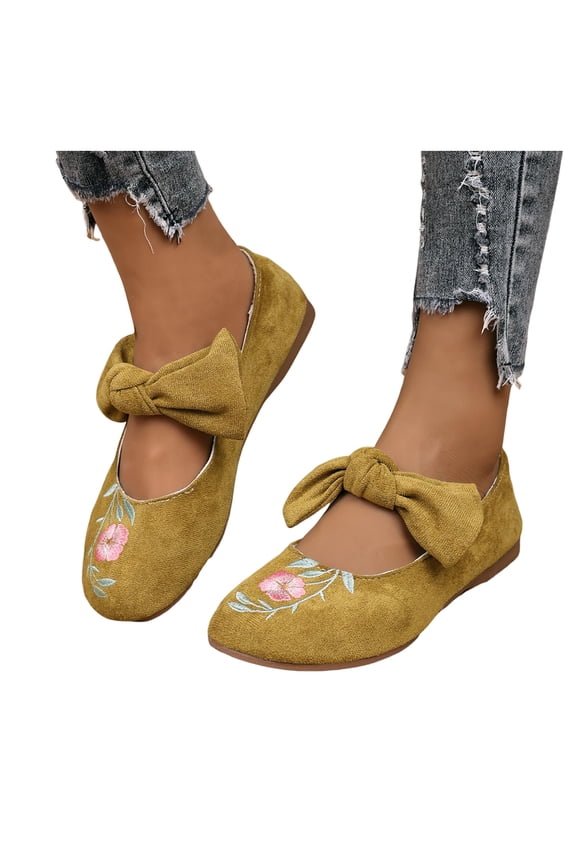 Women's Bowknot Mary Jane Ballet Flats Vintage Flower Embroidered Beach Casual Bow Low Heel Walking Shoes