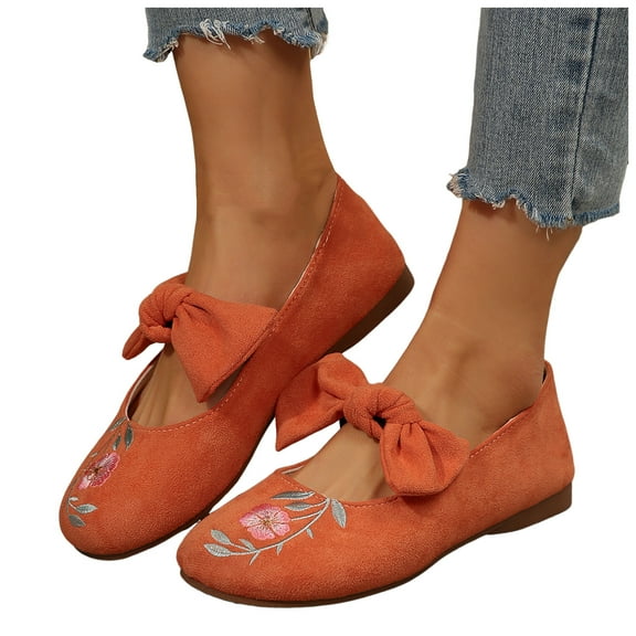 Women's Bowknot Mary Jane Ballet Flats Vintage Flower Embroidered Beach Casual Bow Low Heel Walking Shoes