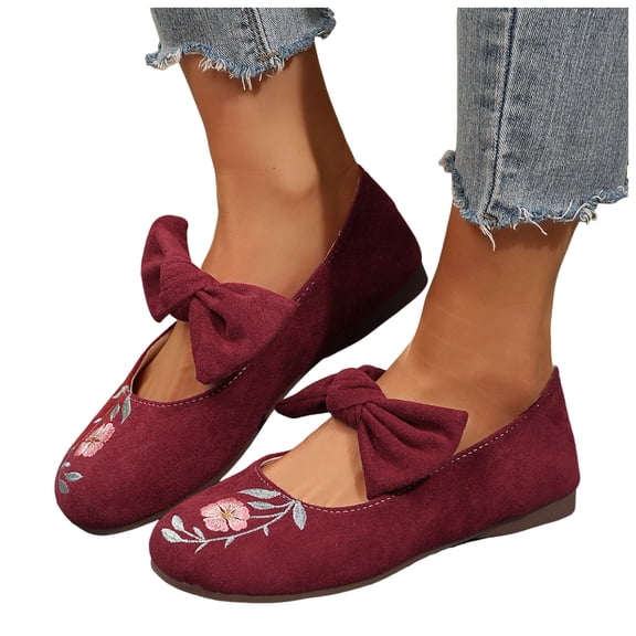 Women's Bowknot Mary Jane Ballet Flats Vintage Flower Embroidered Beach Casual Bow Low Heel Walking Shoes